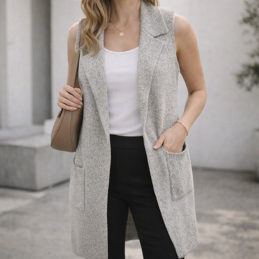 Monteau Womens Longline Knit Vest Medium Neutral Sleeveless Duster Minimalist